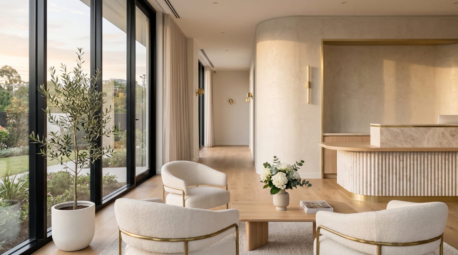 Recepção da clínica Odonto Excellence: ambiente claro com poltronas em bouclê, detalhes em dourado e iluminação natural